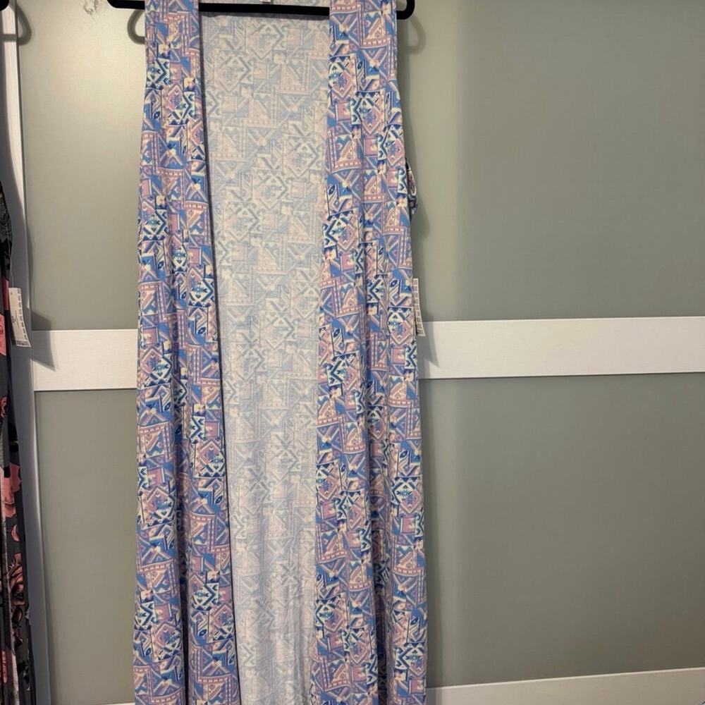 LuLaRoe Joy Duster Vest XL NWT Blue Pink Geometric Sleeveless Long Cardigan